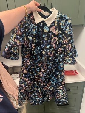 Girls Black Floral Sequin Dress with White Collar